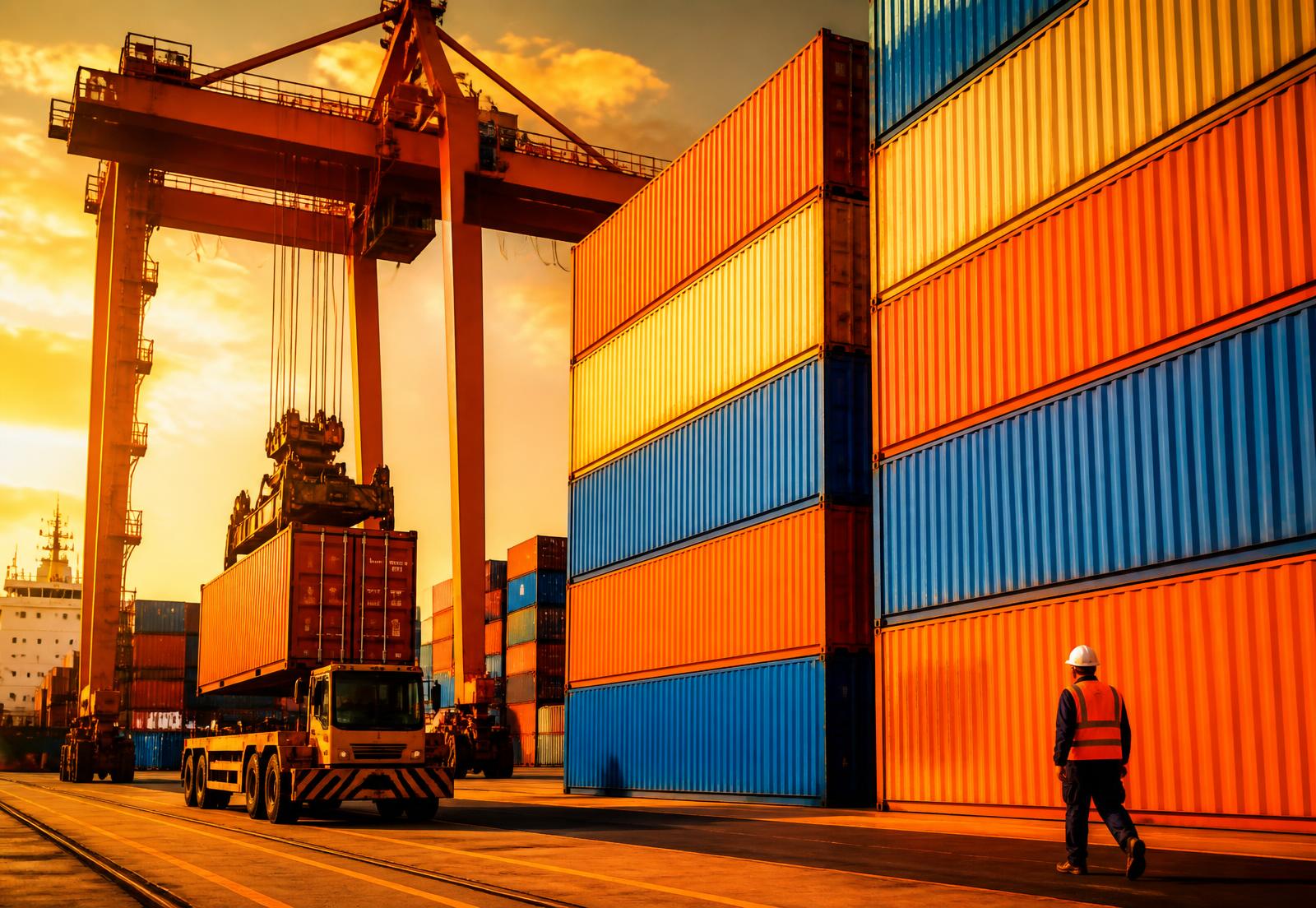 Container terminal at golden hour with a gantry crane loading a truck